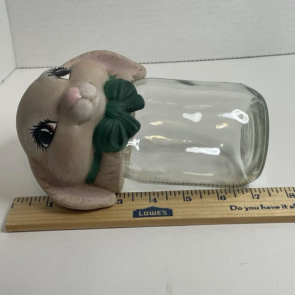 Easter Bunny Glass Jar Topper Tan Rabbit Head Lid Easter Candy Vintage Canning